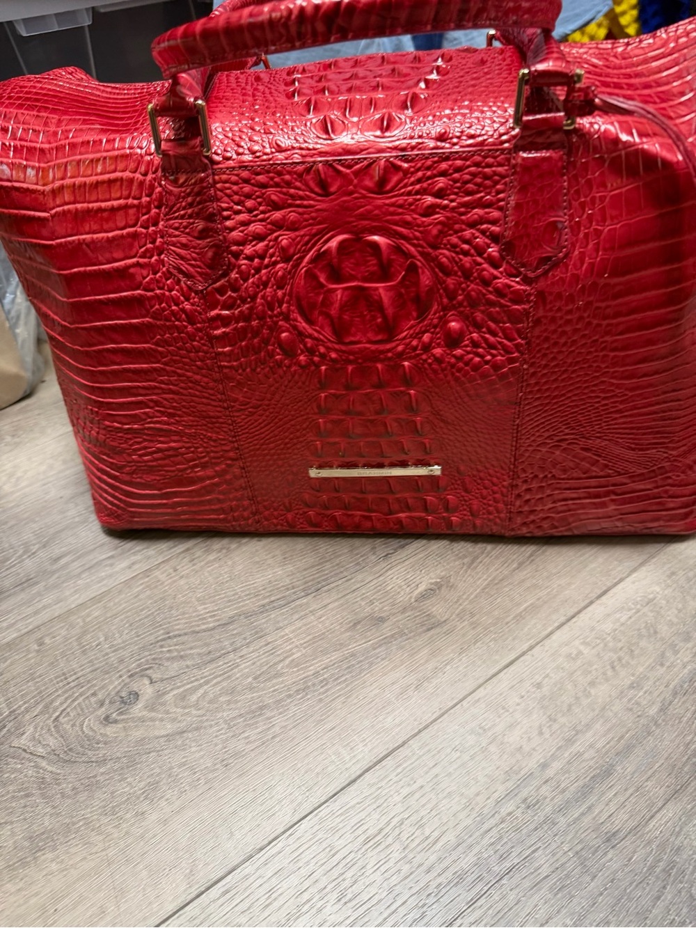 Brahmin Red Weekender Croc-Embossed Travel Bag with Gold Accents
